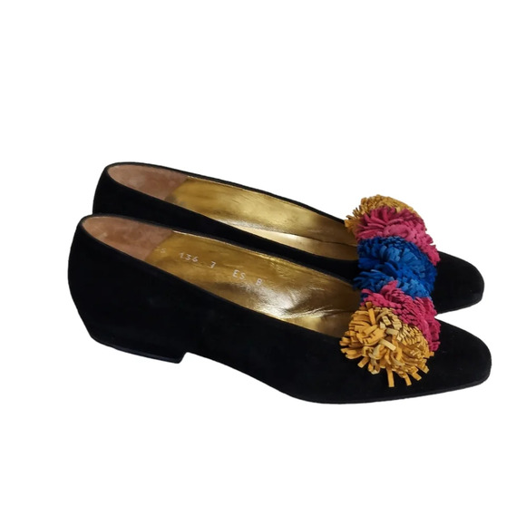 Escada Black Suede Pom Pom Flats Square Toe - Picture 3 of 15